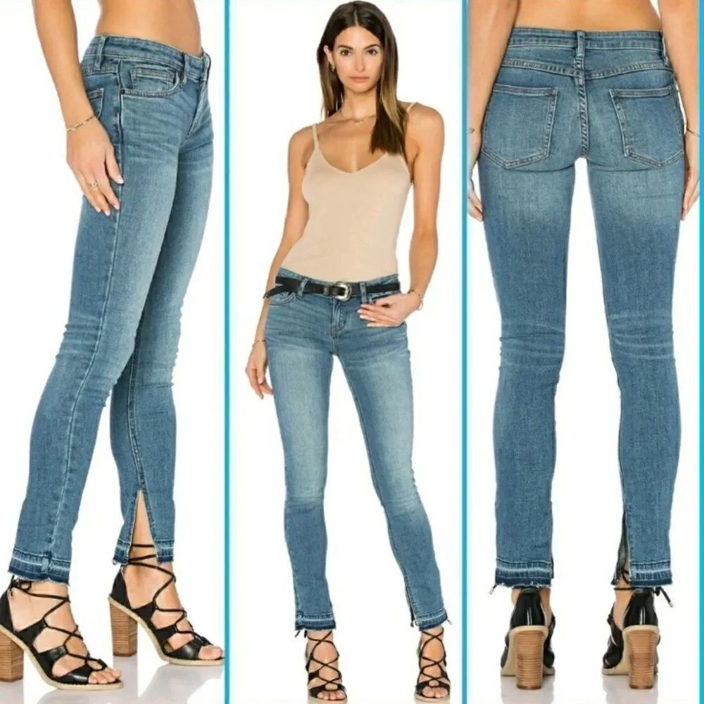 Free People Straight Leg Slit Raw Hem Jeans Kentucky Blue Medium Wash 30
